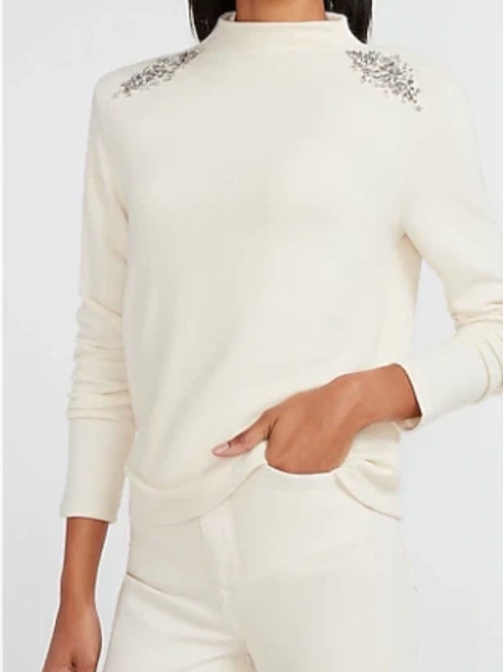 XS New Express Embellished Rhinestone Mock Sweater Top Long Sleeves Soft X Small